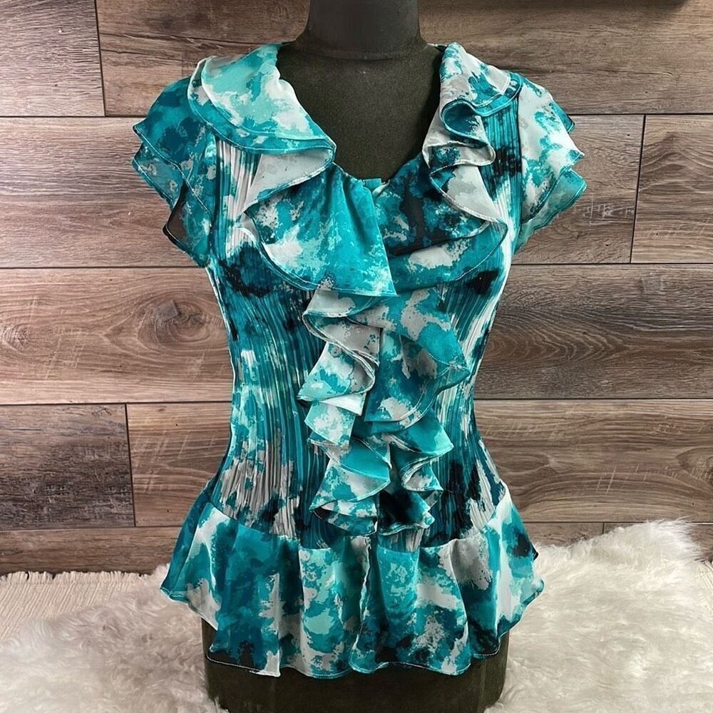 NUE OPTIONS Women’s Teal Pleated Ruffled Dress Blouse Fairy Boho Size Small
